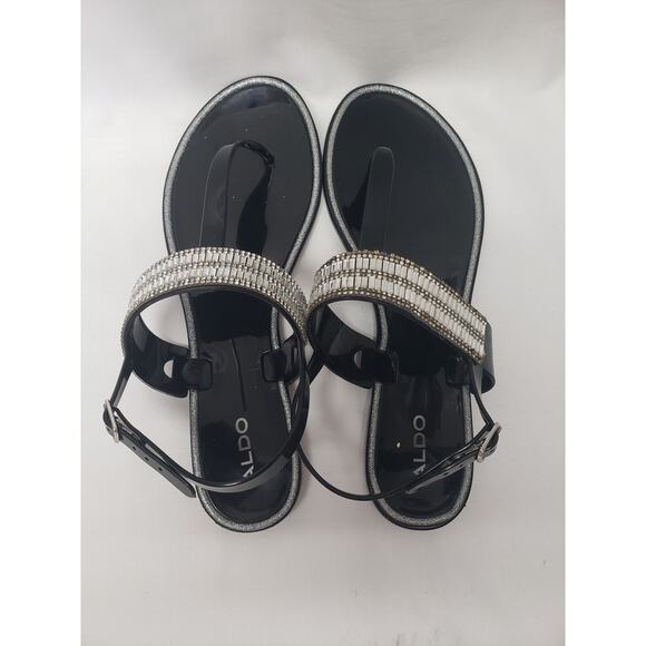 Aldo Black Silver Bedazzled Flip Flop Adjustable Back Strap Dressy Sandals - Picture 2 of 6